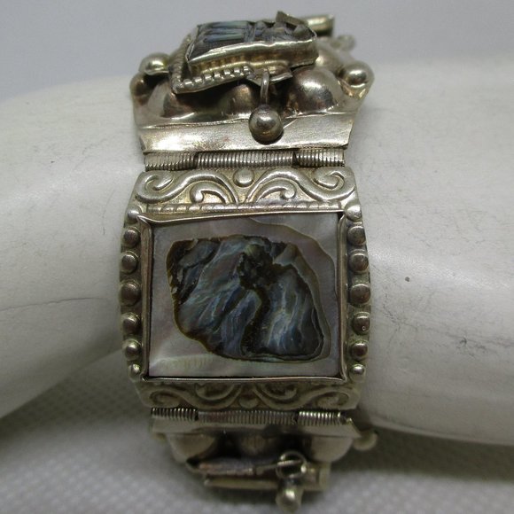 ABALONE MEXICAN SILVER Panel Bracelet Abalone Masks Rectangles Marked Mexico - Picture 4 of 15